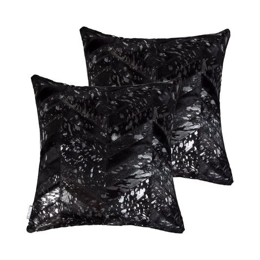 Set of Two 18" Black and Silver Chevron Cowhide Throw Pillows with Glitter