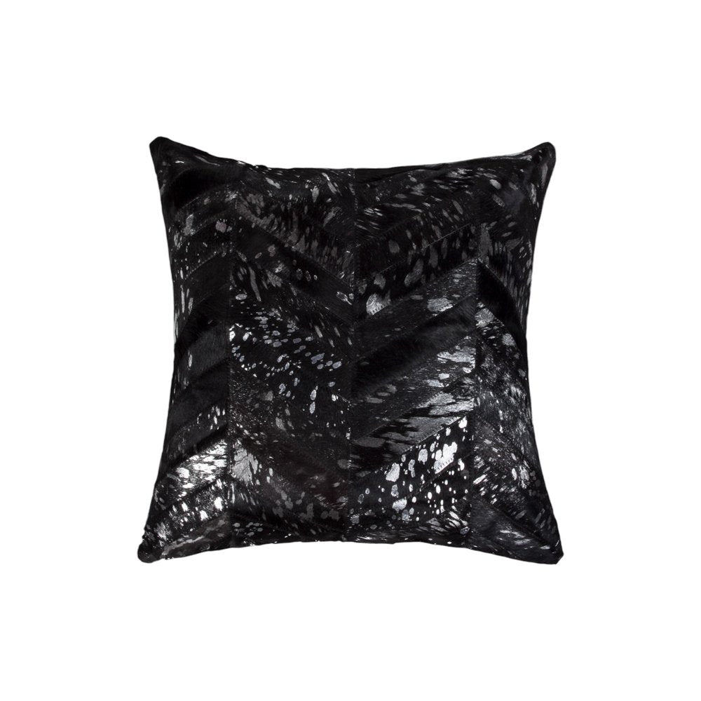 Set of Two 18" Black and Silver Chevron Cowhide Throw Pillows with Glitter
