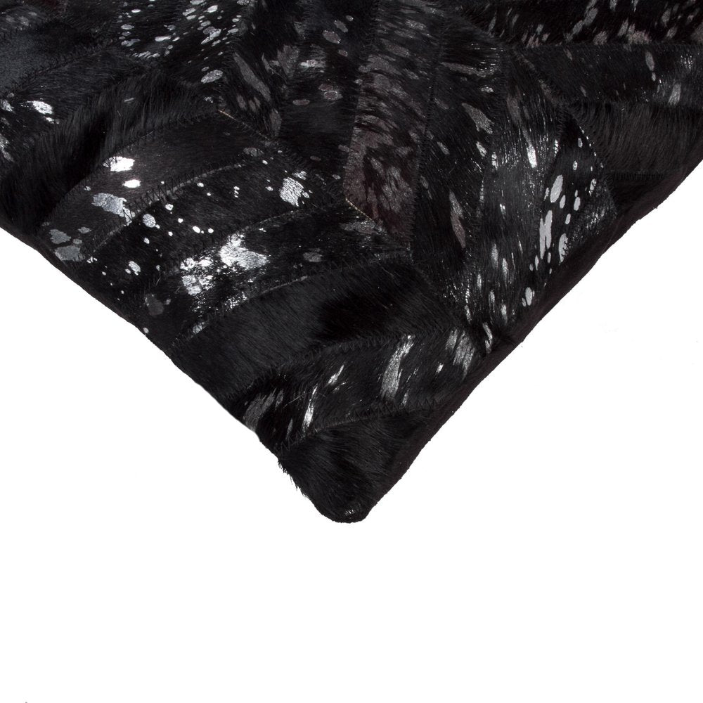 Set of Two 18" Black and Silver Chevron Cowhide Throw Pillows with Glitter