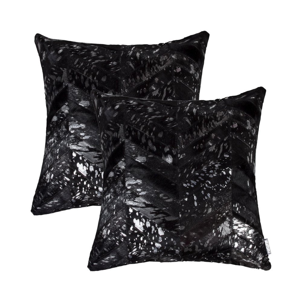 Set of Two 18" Black and Silver Chevron Cowhide Throw Pillows with Glitter