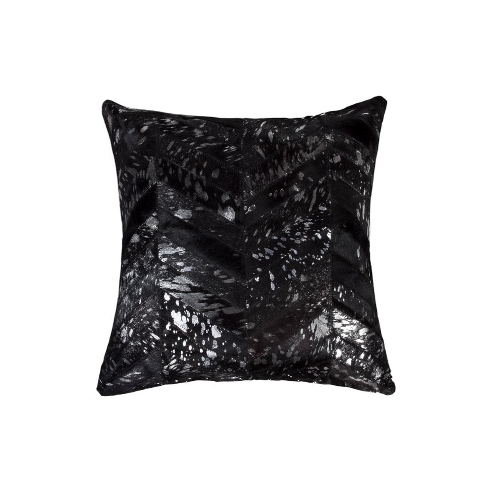 Set of Two 18" Black and Silver Chevron Cowhide Throw Pillows with Glitter