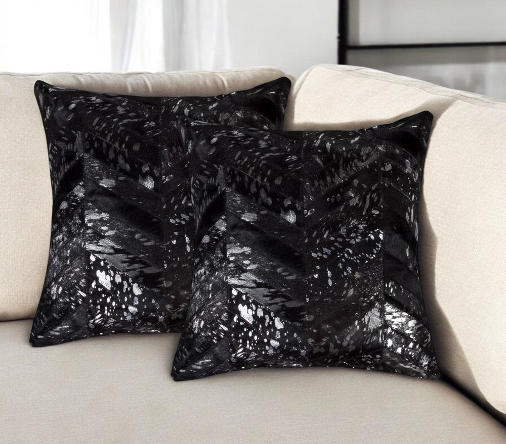 Set of Two 18" Black and Silver Chevron Cowhide Throw Pillows with Glitter