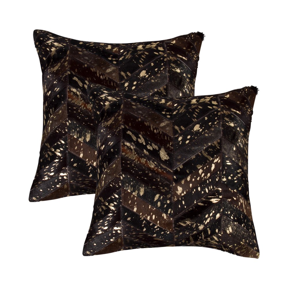 Set of Two 18" Chocolate and Gold Chevron Cowhide Throw Pillows with Glitter