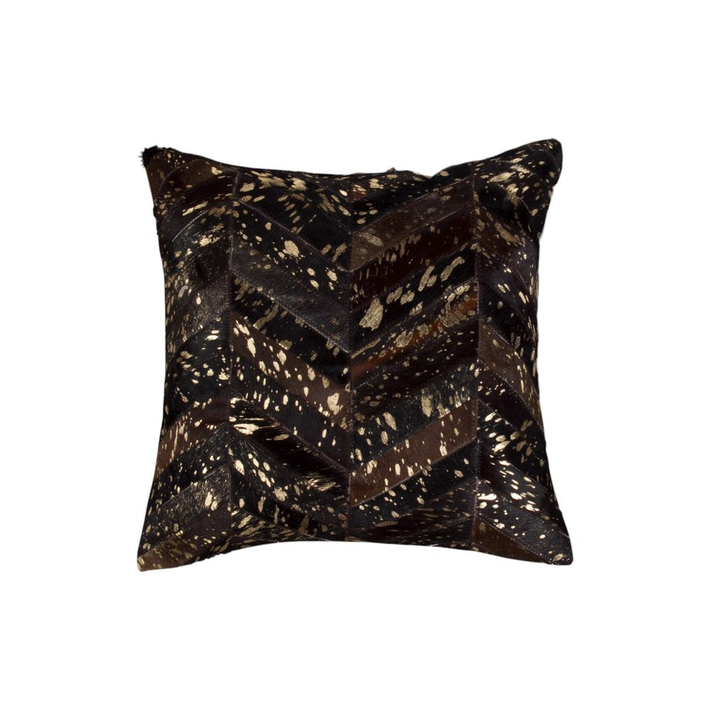 Set of Two 18" Chocolate and Gold Chevron Cowhide Throw Pillows with Glitter