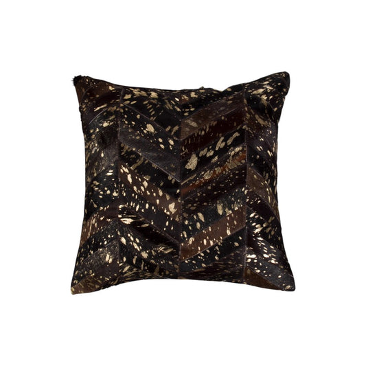 Set of Two 18" Chocolate and Gold Chevron Cowhide Throw Pillows with Glitter
