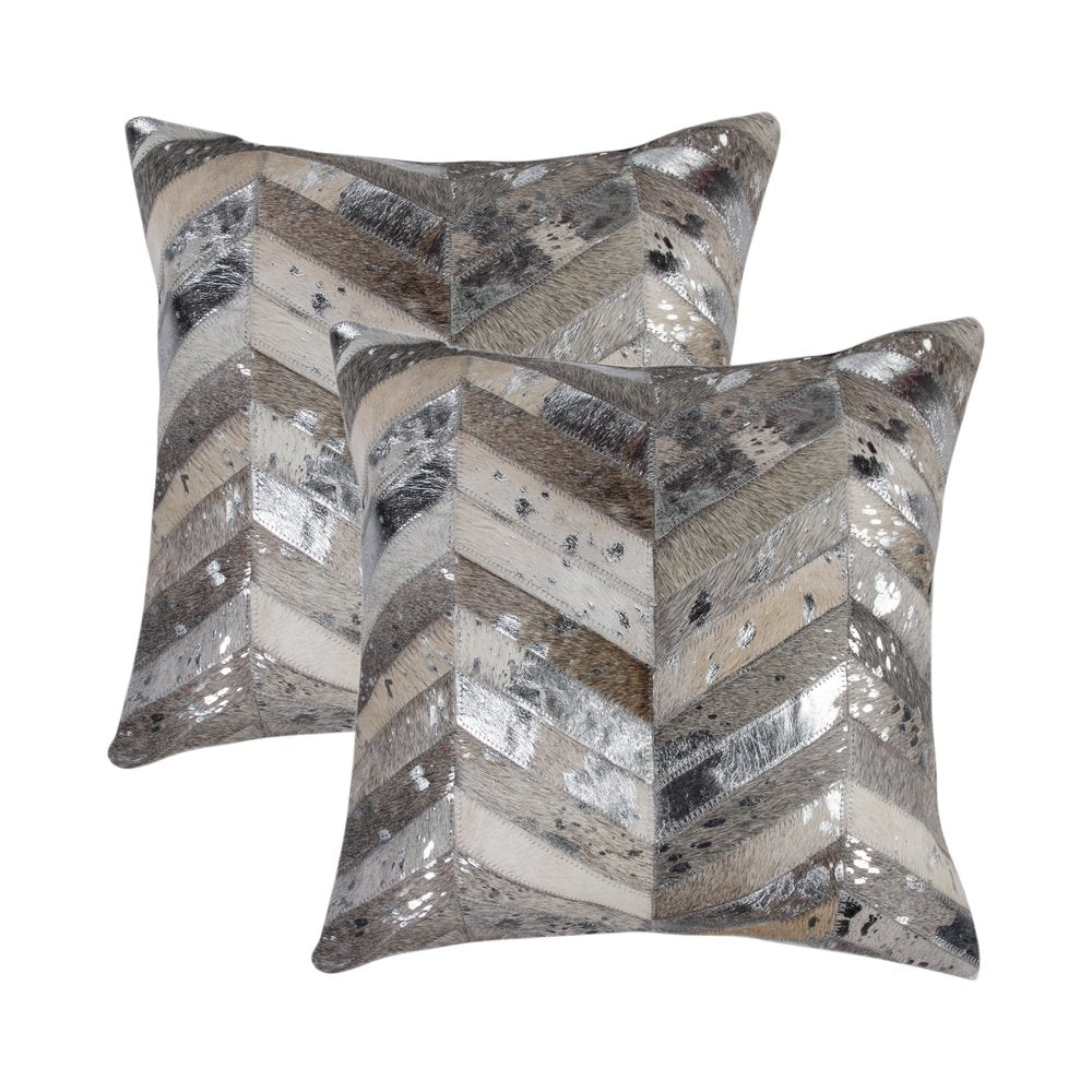 Set of Two 18" Gray Brown And Silver Chevron Cowhide Throw Pillows