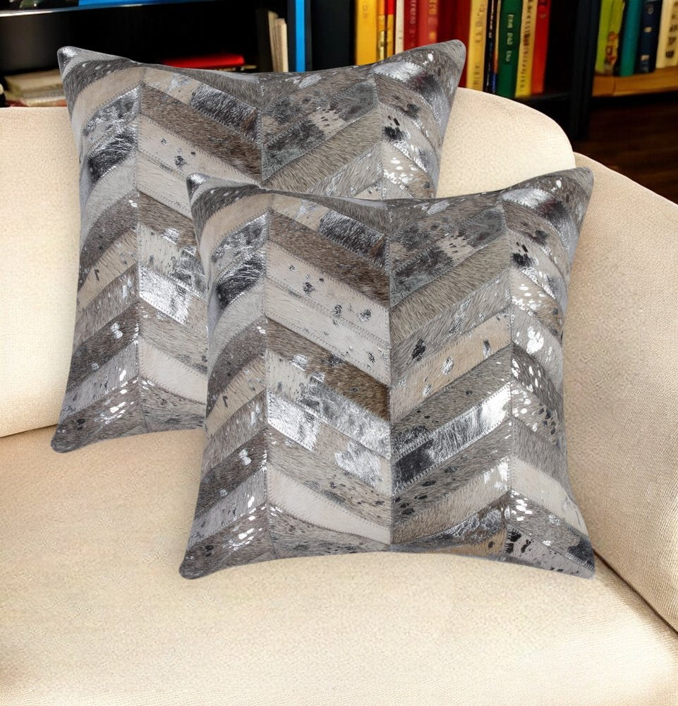 Set of Two 18" Gray Brown And Silver Chevron Cowhide Throw Pillows