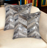 Set of Two 18" Gray Brown And Silver Chevron Cowhide Throw Pillows
