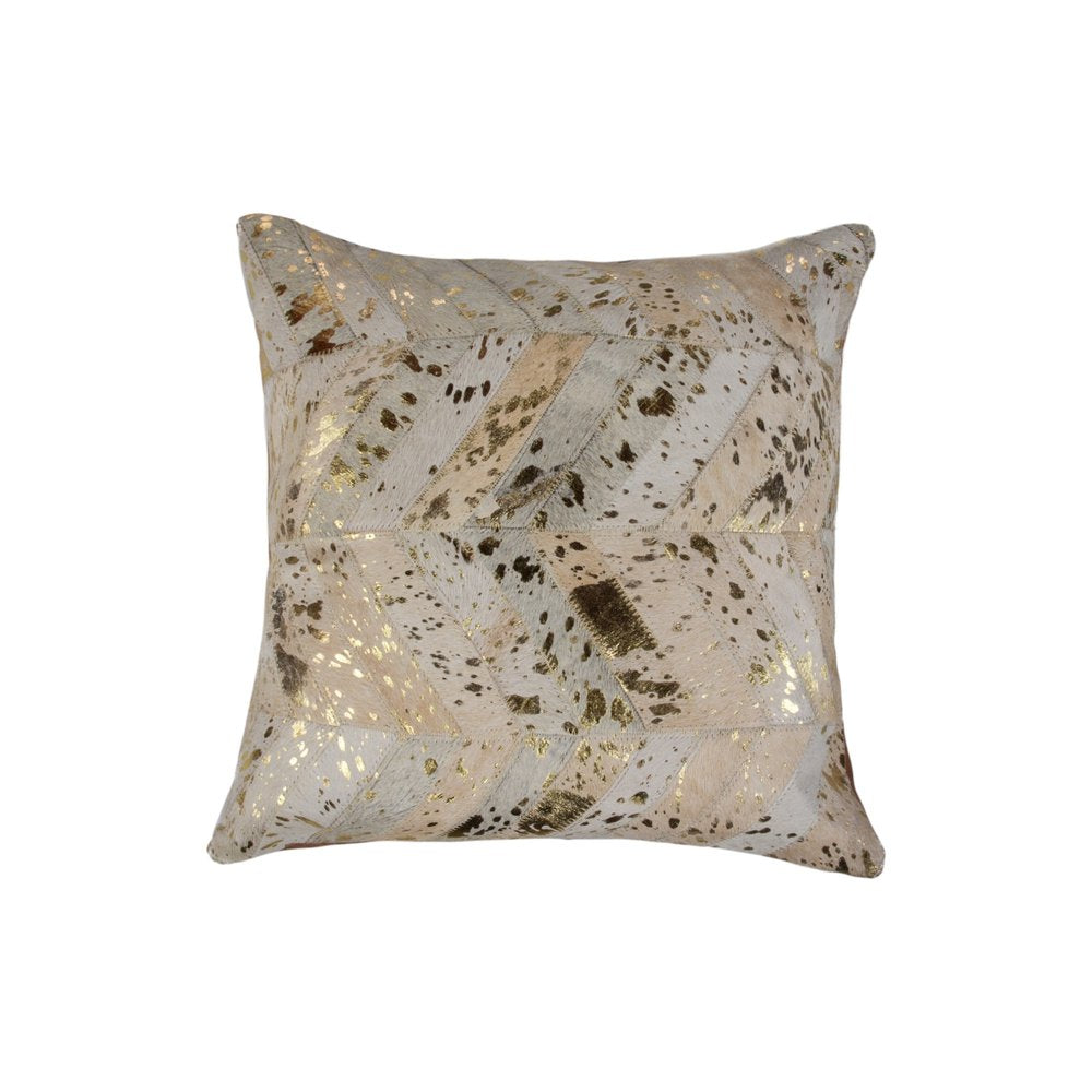 Set of Two 18" Natural and Gold Chevron Cowhide Throw Pillows with Glitter