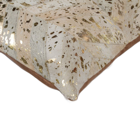 Set of Two 18" Natural and Gold Chevron Cowhide Throw Pillows with Glitter