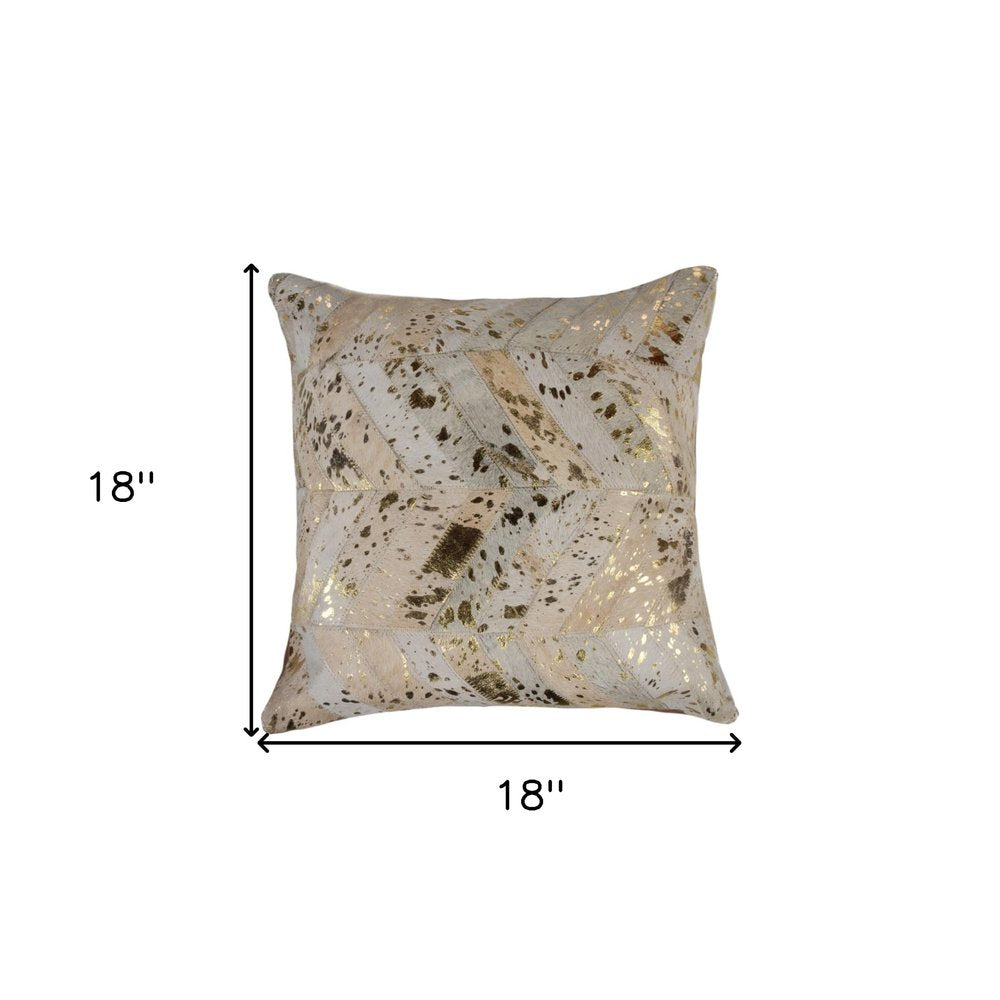 Set of Two 18" Natural and Gold Chevron Cowhide Throw Pillows with Glitter
