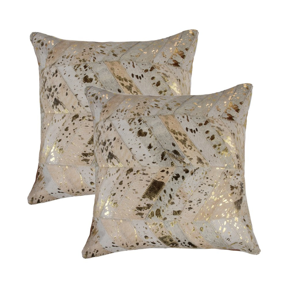 Set of Two 18" Natural and Gold Chevron Cowhide Throw Pillows with Glitter