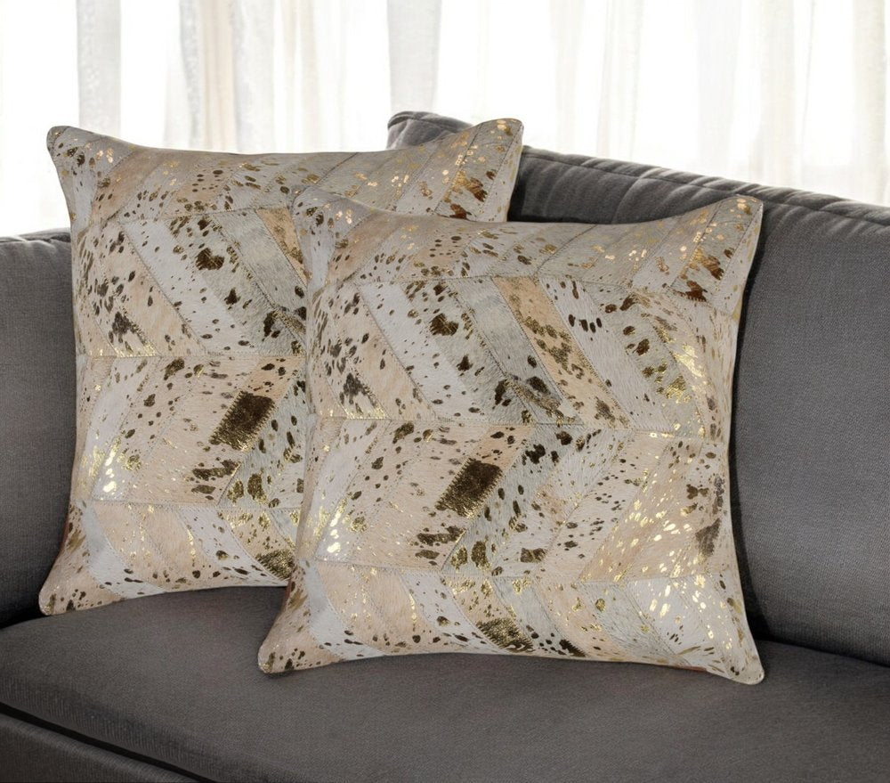 Set of Two 18" Natural and Gold Chevron Cowhide Throw Pillows with Glitter