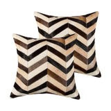 Set of Two 18" Black Brown and Beige Chevron Cowhide Throw Pillows