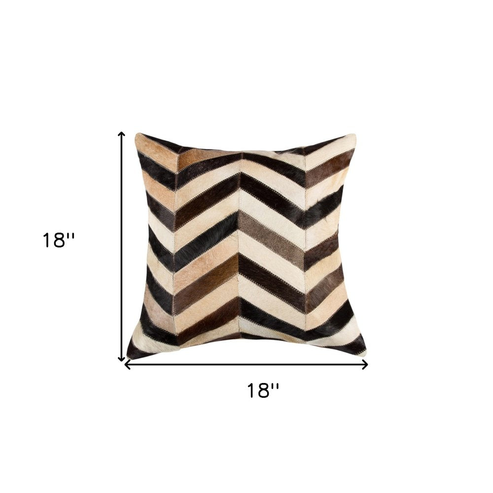 Set of Two 18" Black Brown and Beige Chevron Cowhide Throw Pillows
