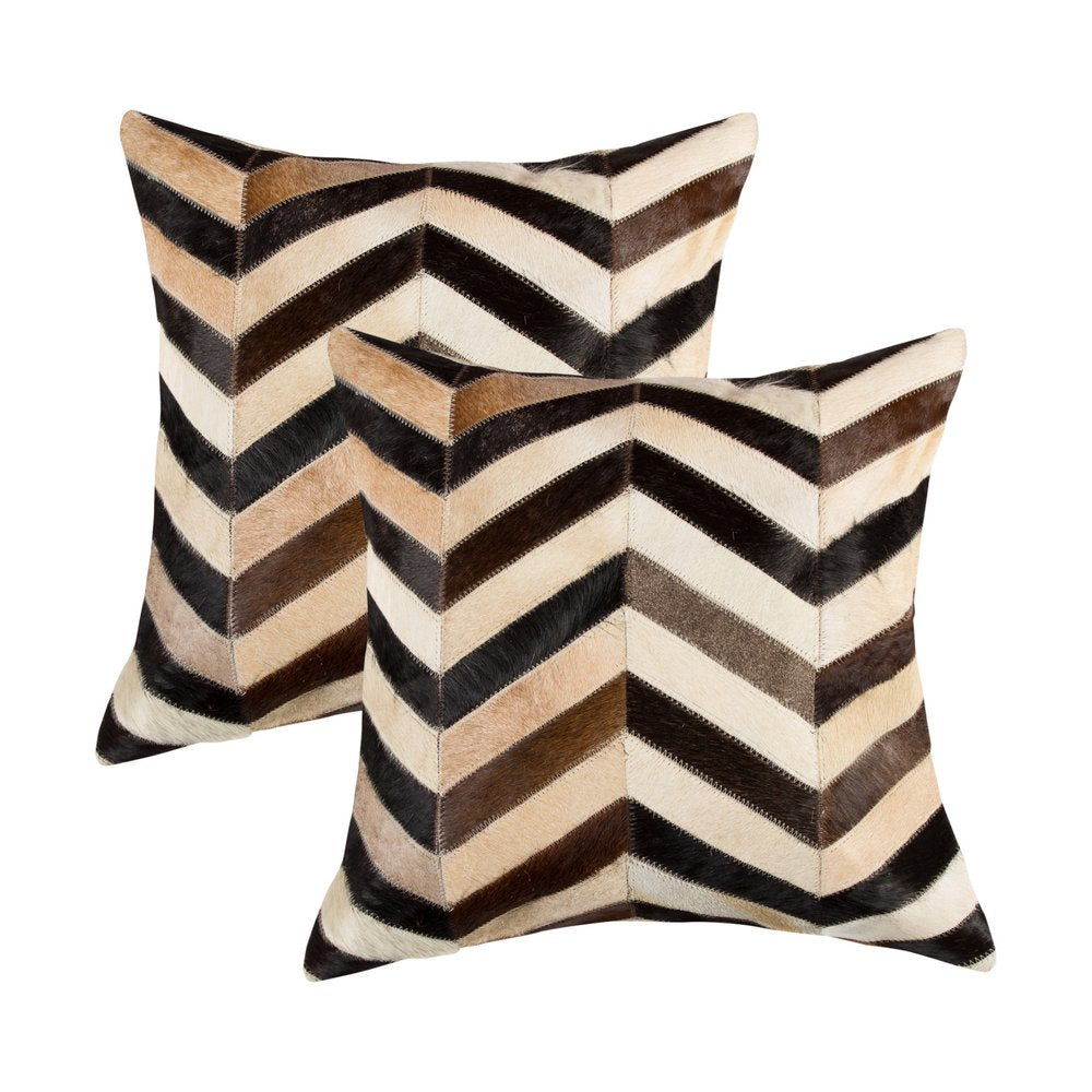 Set of Two 18" Black Brown and Beige Chevron Cowhide Throw Pillows