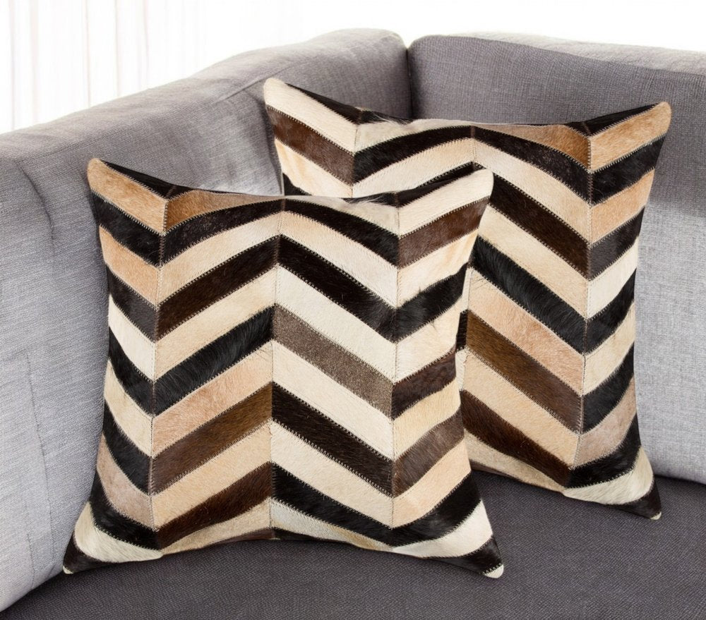 Set of Two 18" Black Brown and Beige Chevron Cowhide Throw Pillows