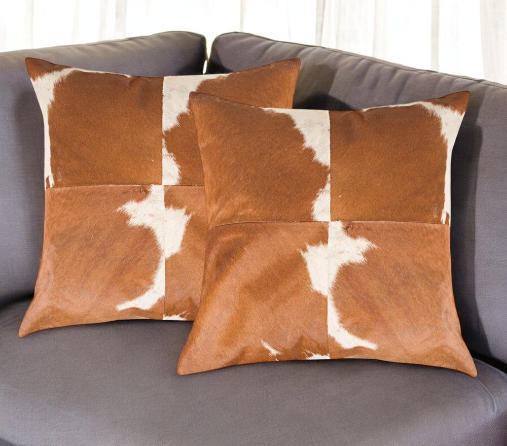 Set of Two 18" Brown and White Cowhide Cowhide Throw Pillows