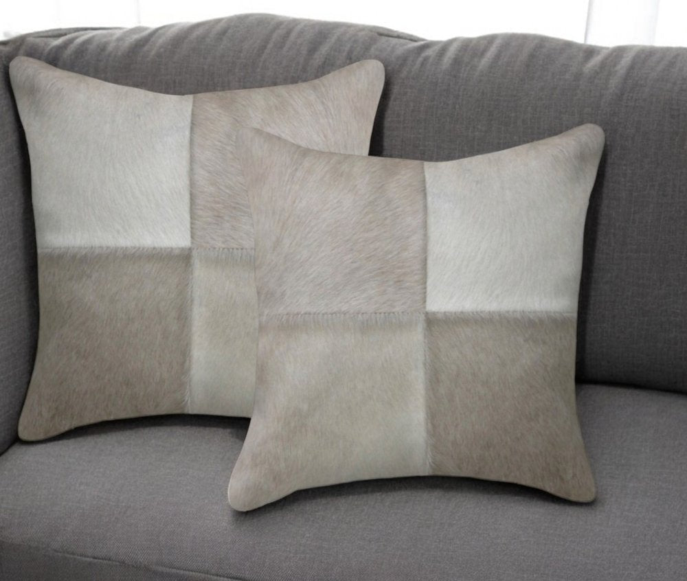 Set of Two 18" Gray Cowhide Throw Pillows