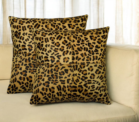 Set of Two 18" Brown and Black Leopard Cowhide Throw Pillows