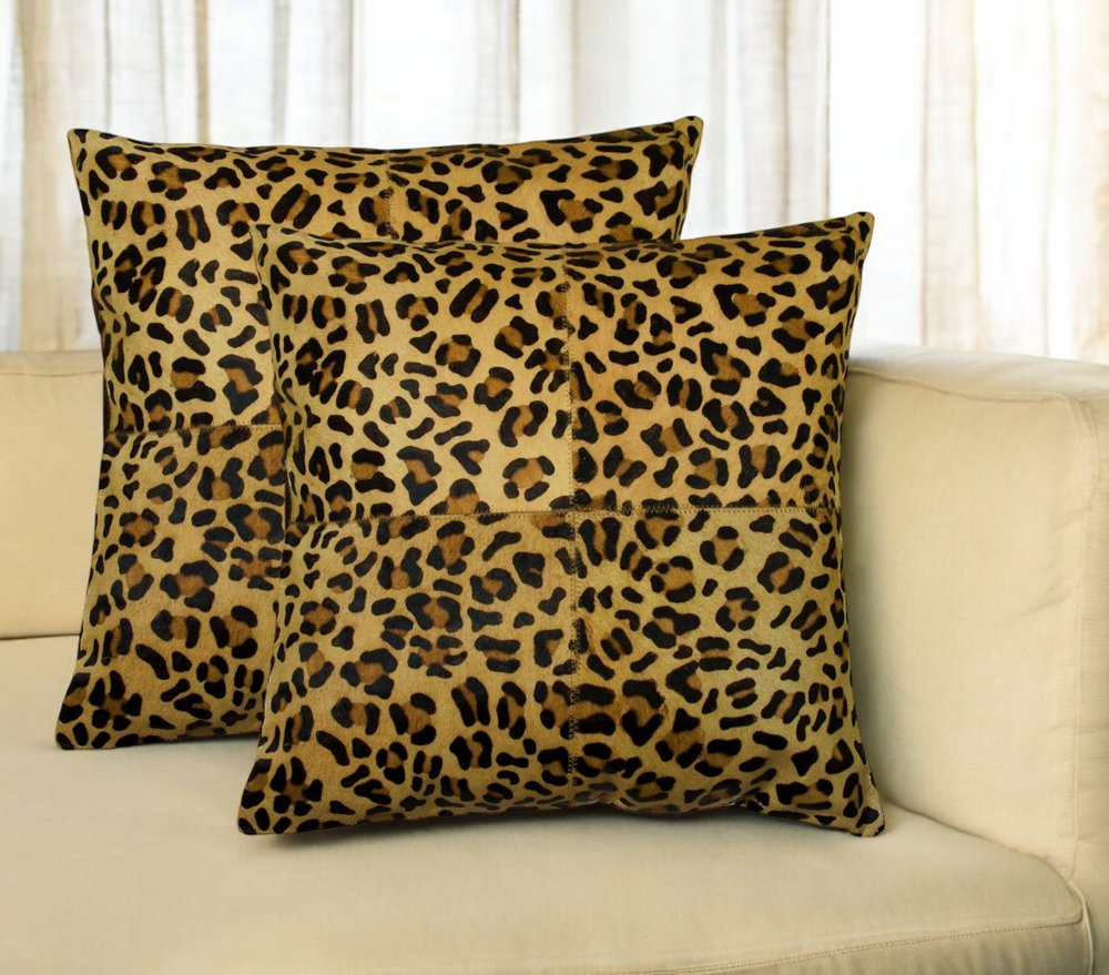Set of Two 18" Brown and Black Leopard Cowhide Throw Pillows