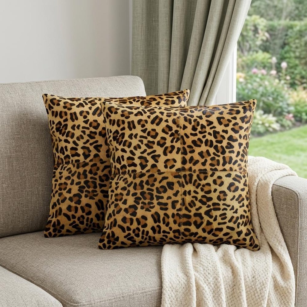 Set of Two 18" Brown and Black Leopard Cowhide Throw Pillows