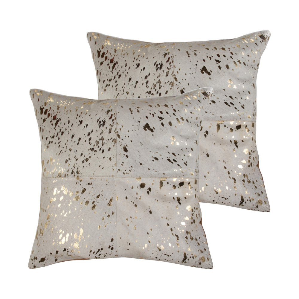 Set of Two 18" Natural and Gold Abstract Cowhide Throw Pillows with Glitter