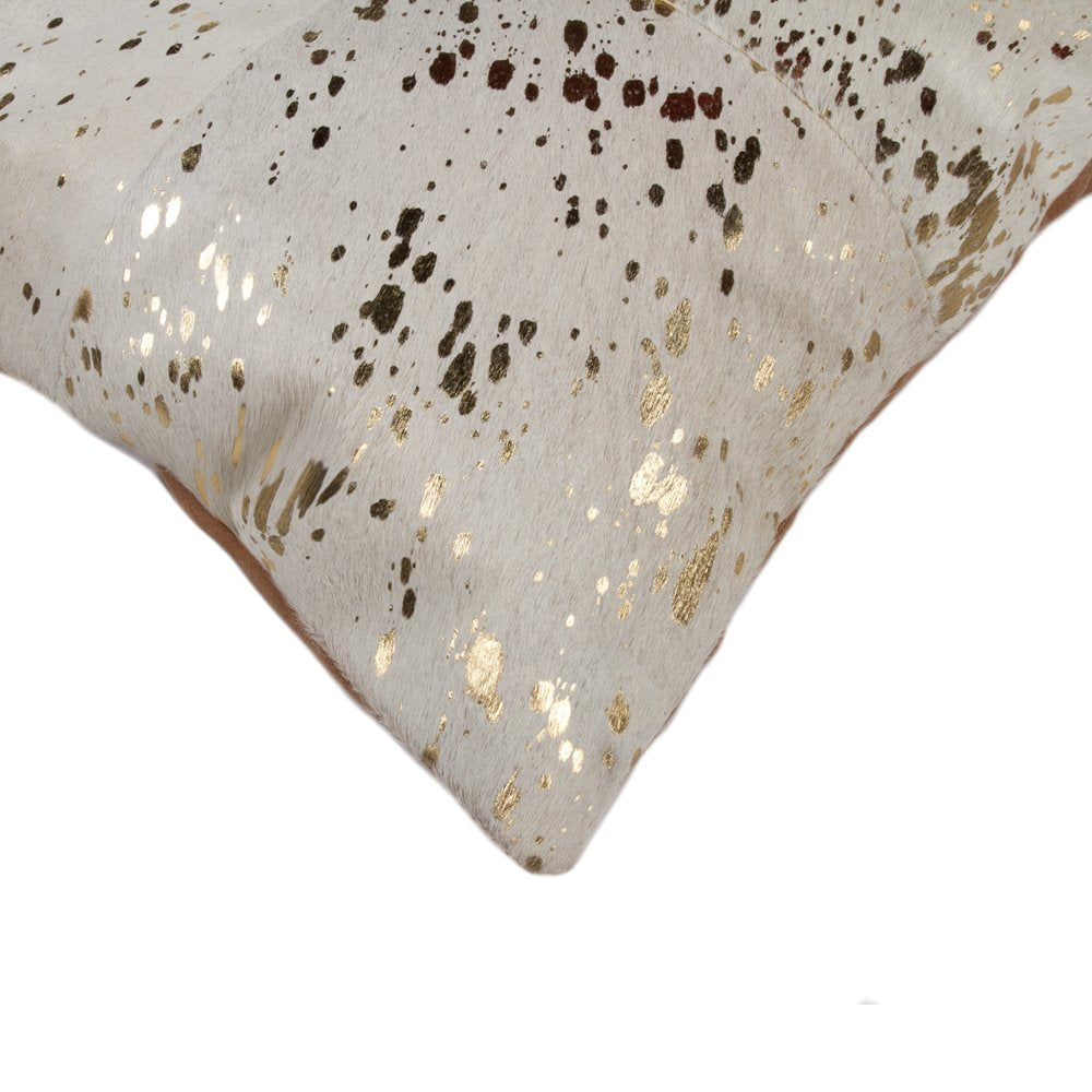 Set of Two 18" Natural and Gold Abstract Cowhide Throw Pillows with Glitter
