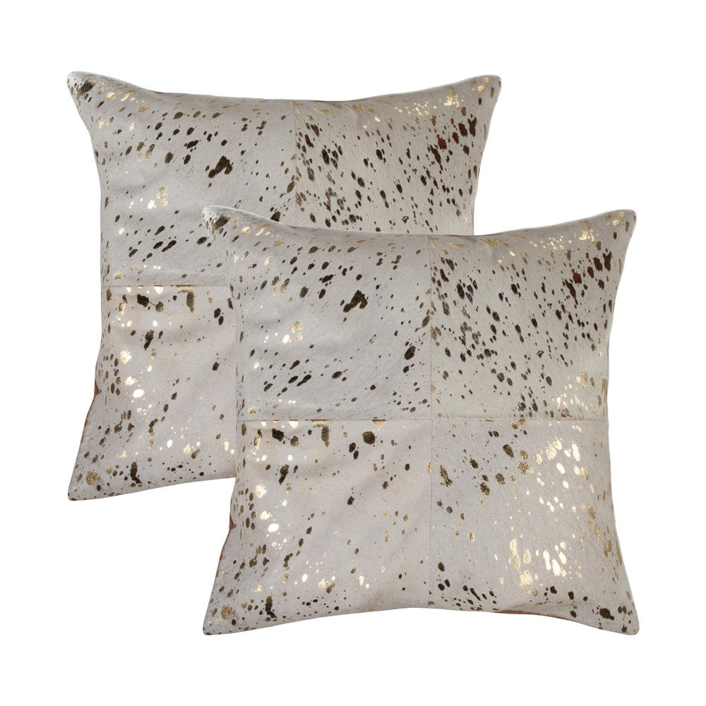 Set of Two 18" Natural and Gold Abstract Cowhide Throw Pillows with Glitter