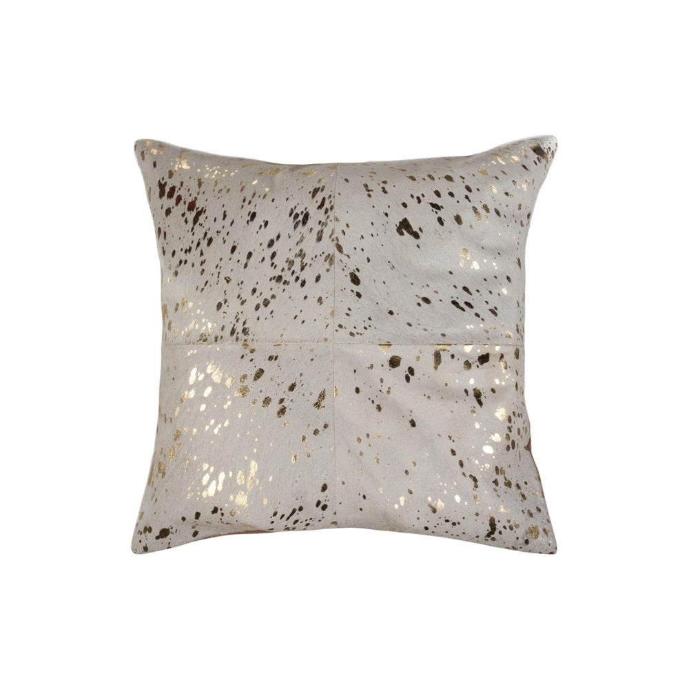 Set of Two 18" Natural and Gold Abstract Cowhide Throw Pillows with Glitter