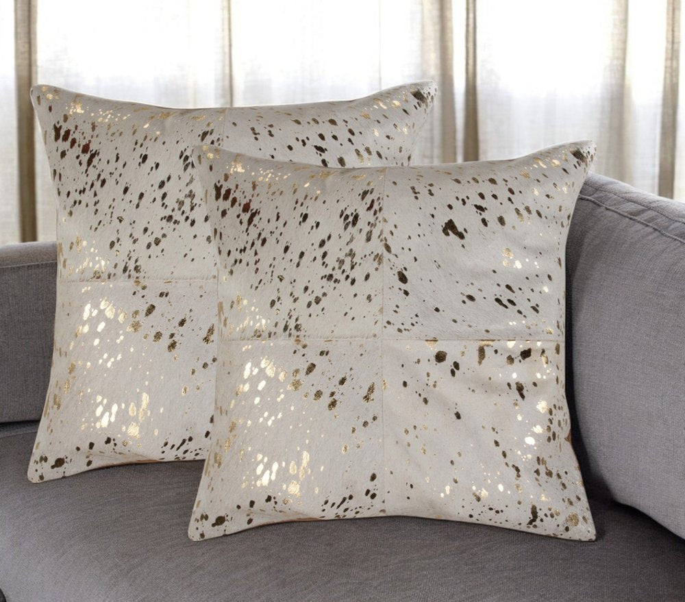 Set of Two 18" Natural and Gold Abstract Cowhide Throw Pillows with Glitter