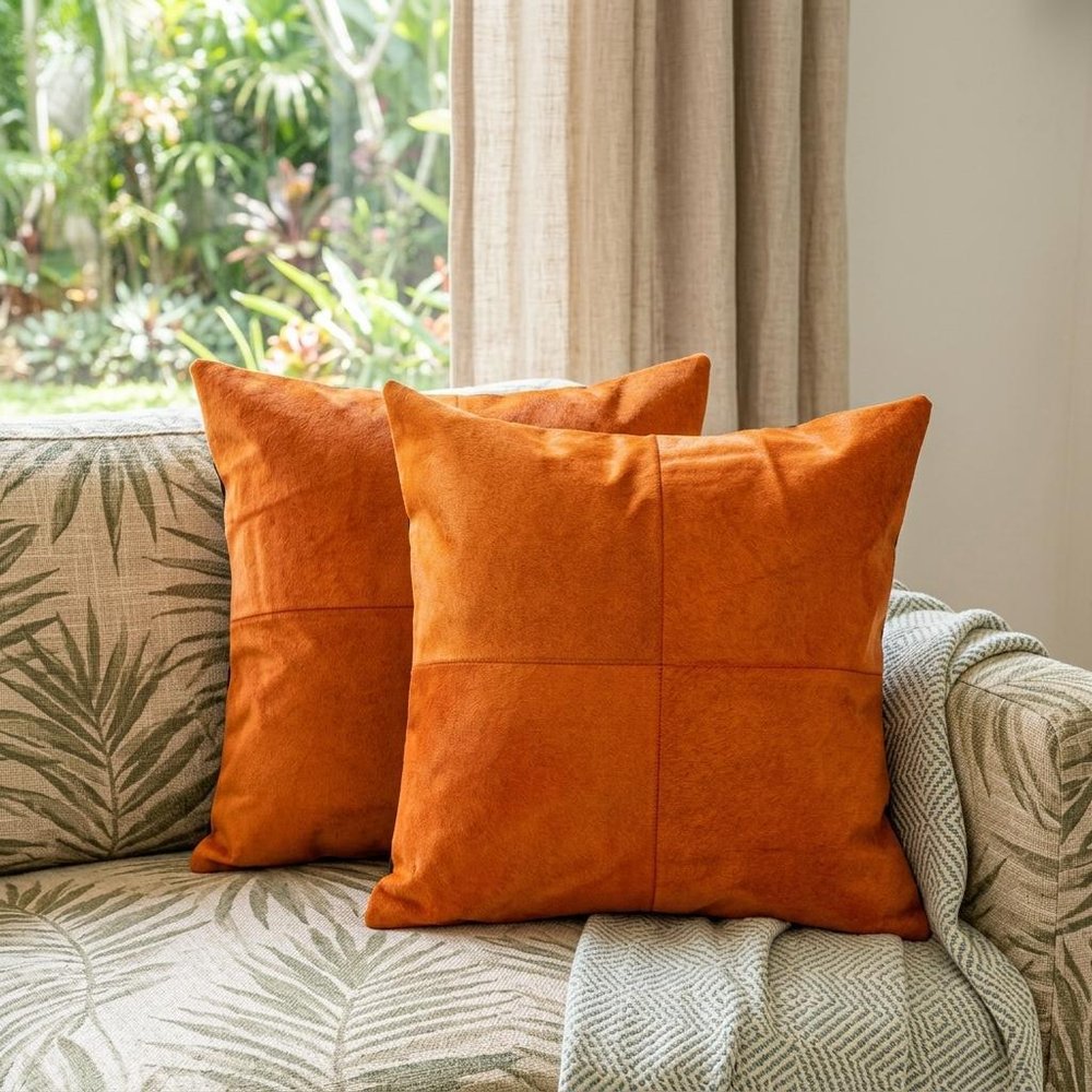Set of Two 18" Orange Cowhide Throw Pillows