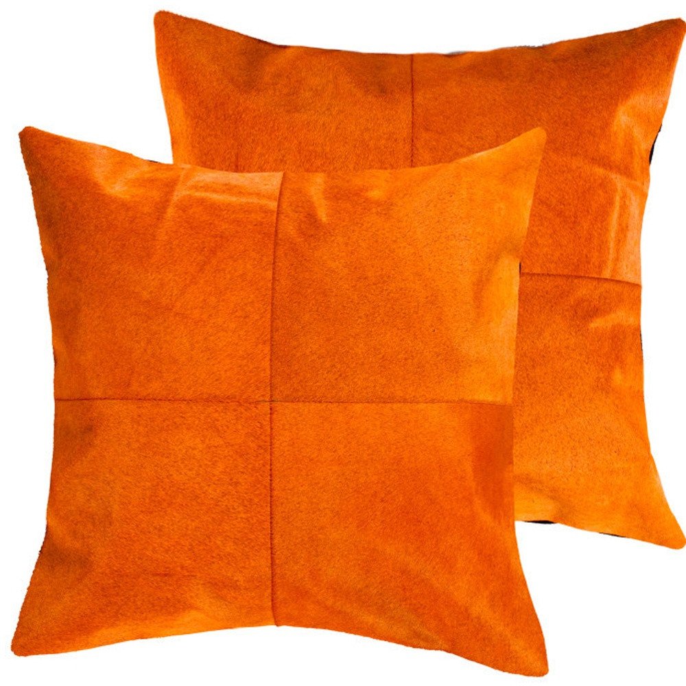 Set of Two 18" Orange Cowhide Throw Pillows