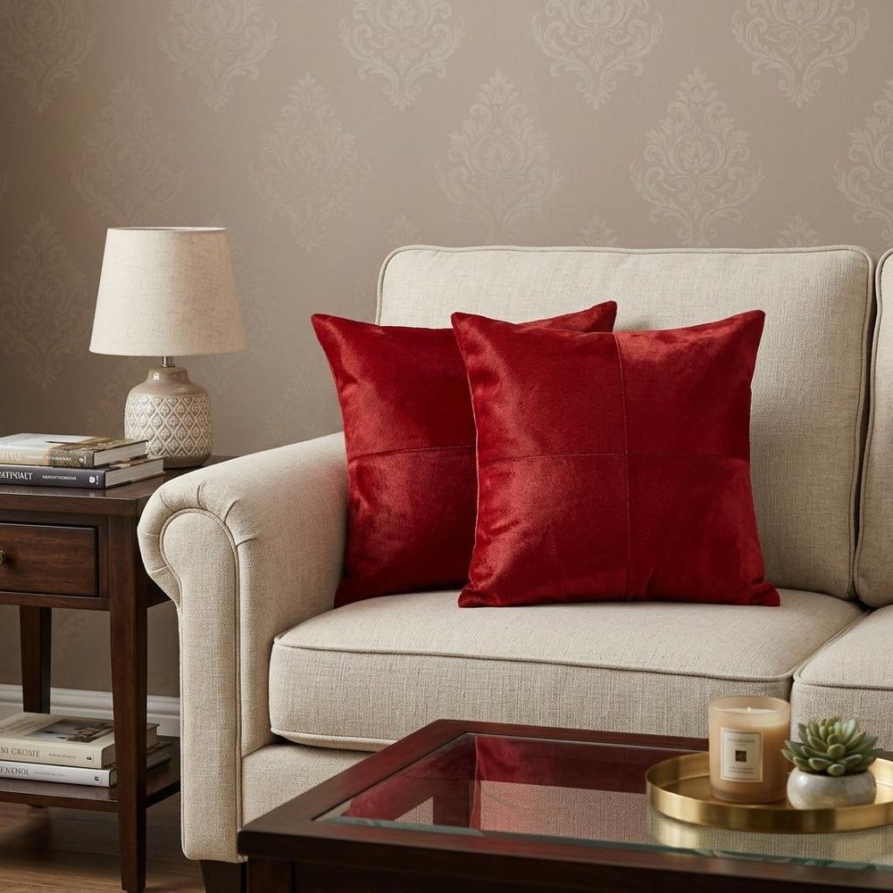 Set of Two 18" Red Cowhide Throw Pillows