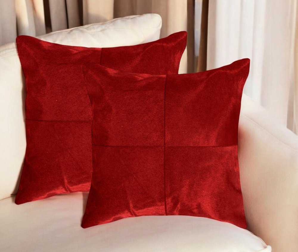 Set of Two 18" Red Cowhide Throw Pillows
