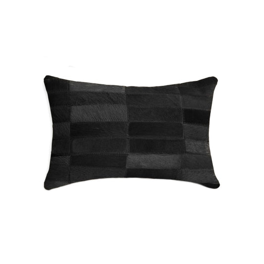 12" X 20" Black Patchwork Cowhide Lumbar Throw Pillow