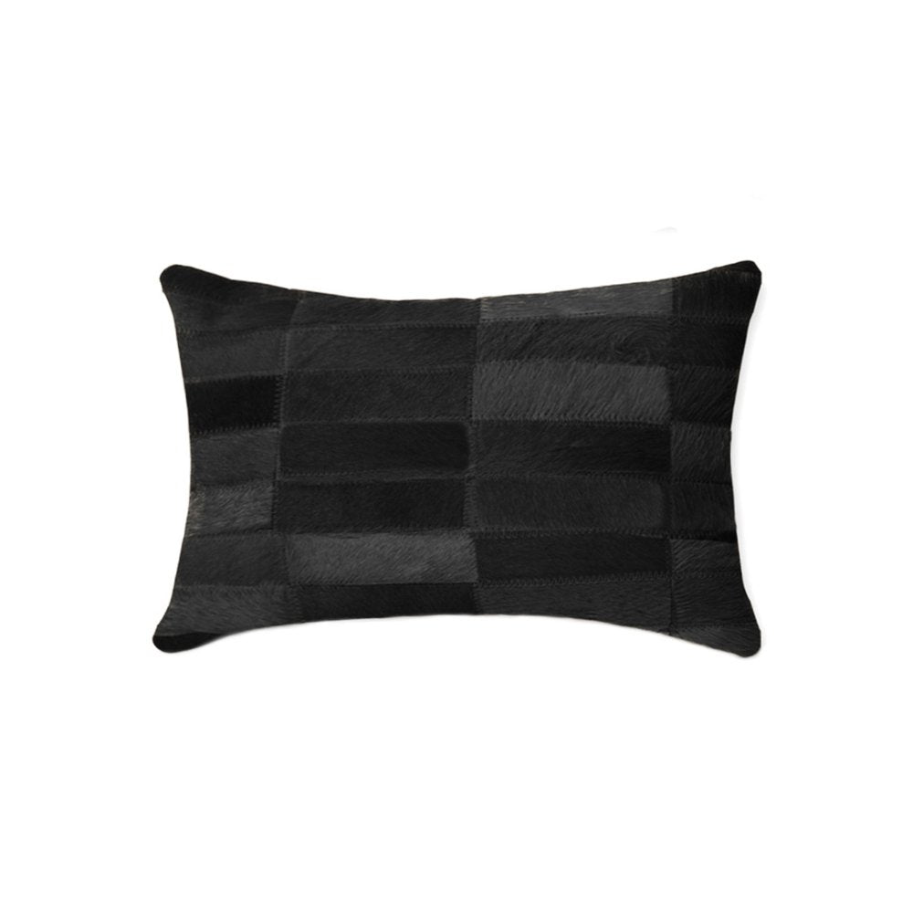 12" X 20" Black Patchwork Cowhide Lumbar Throw Pillow