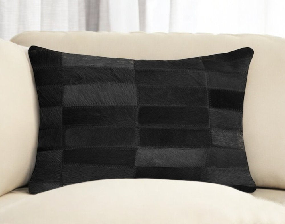 12" X 20" Black Patchwork Cowhide Lumbar Throw Pillow
