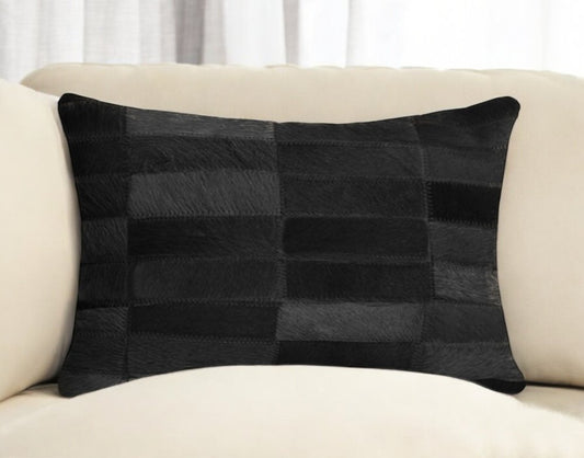 12" X 20" Black Patchwork Cowhide Lumbar Throw Pillow