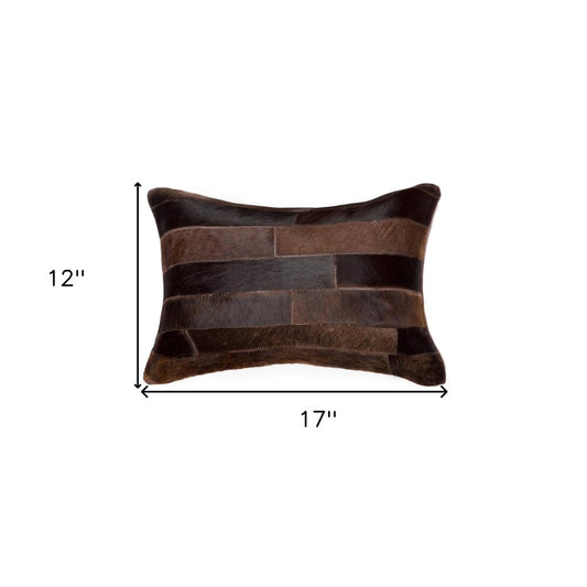 12" X 20" Chocolate Patchwork Cowhide Lumbar Throw Pillow