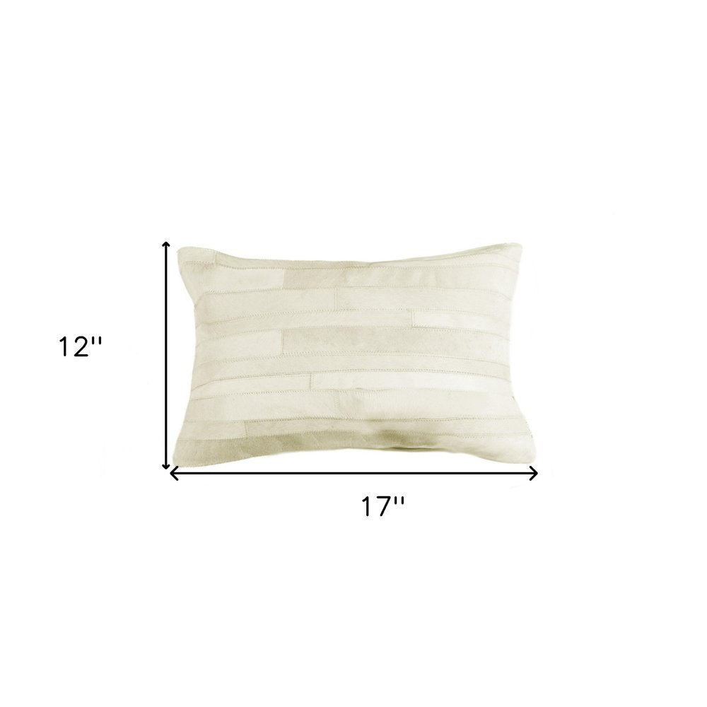 12" X 20" Off White Patchwork Cowhide Lumbar Throw Pillow