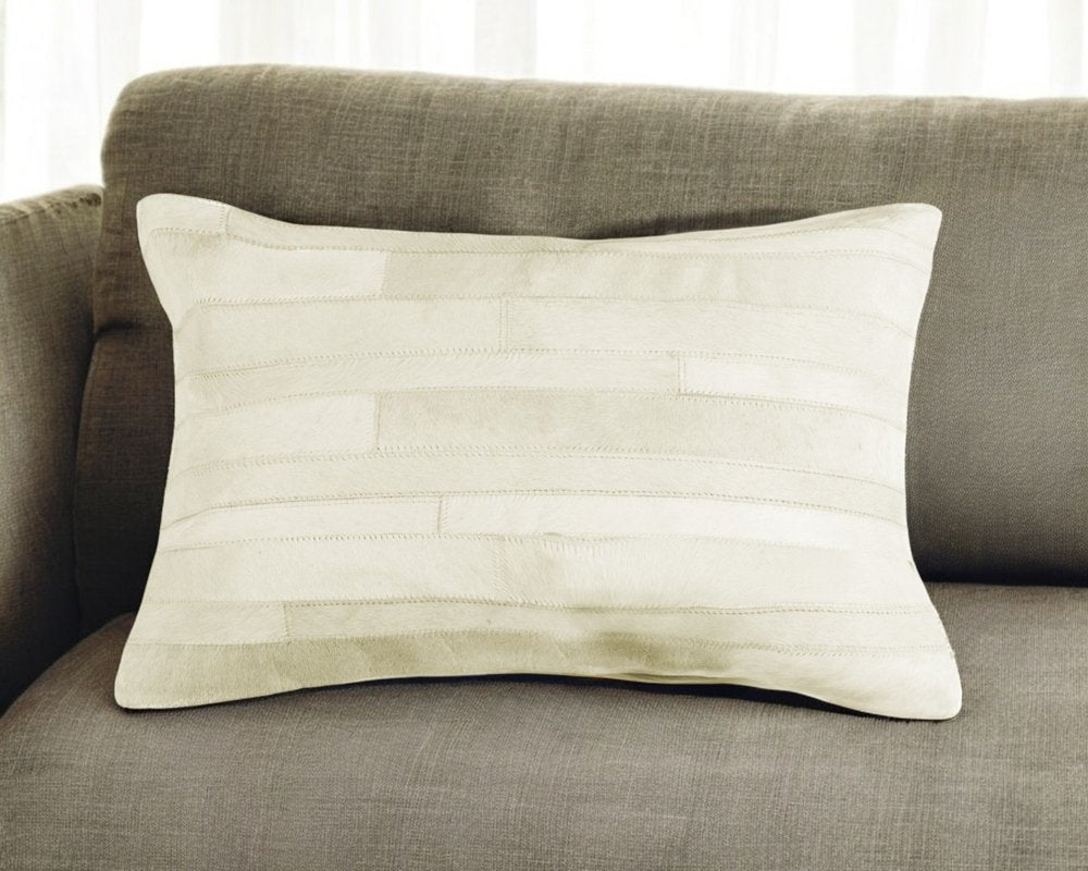 12" X 20" Off White Patchwork Cowhide Lumbar Throw Pillow