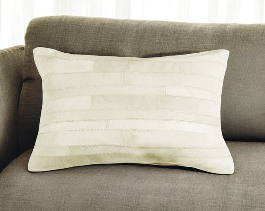 12" X 20" Off White Patchwork Cowhide Lumbar Throw Pillow