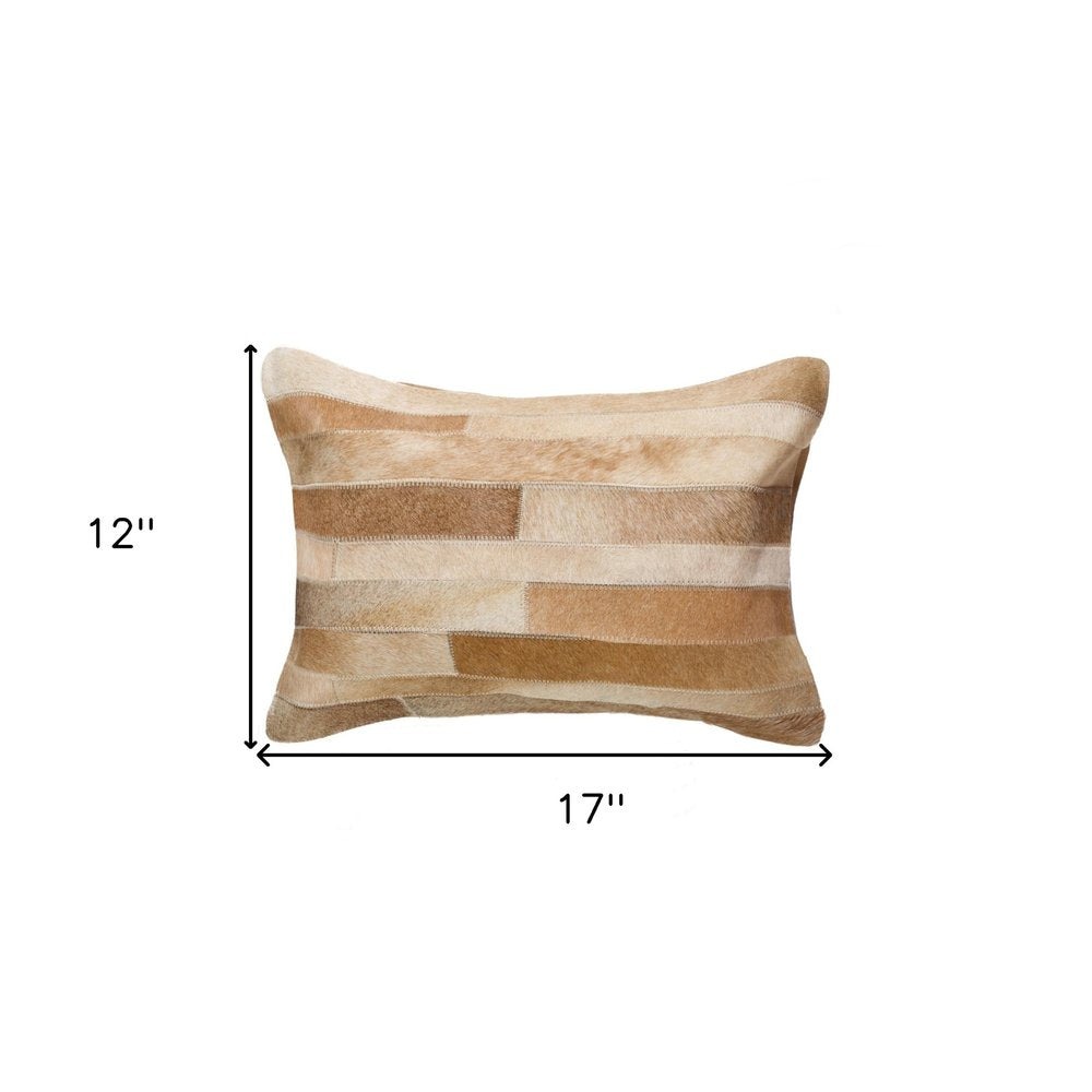 12" X 20" Tan Patchwork Cowhide Lumbar Throw Pillow