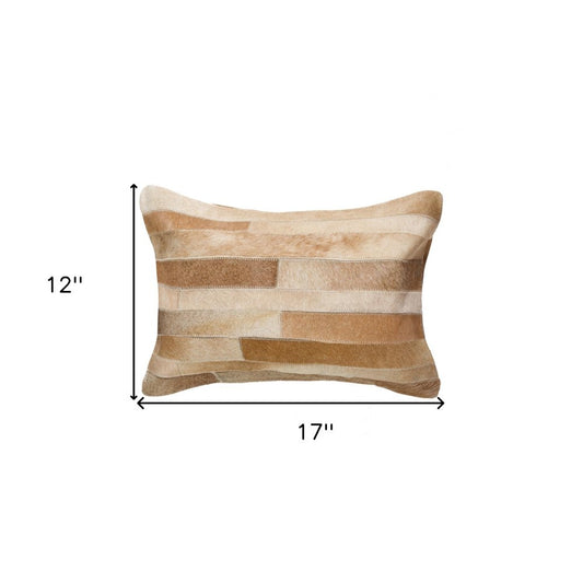 12" X 20" Tan Patchwork Cowhide Lumbar Throw Pillow