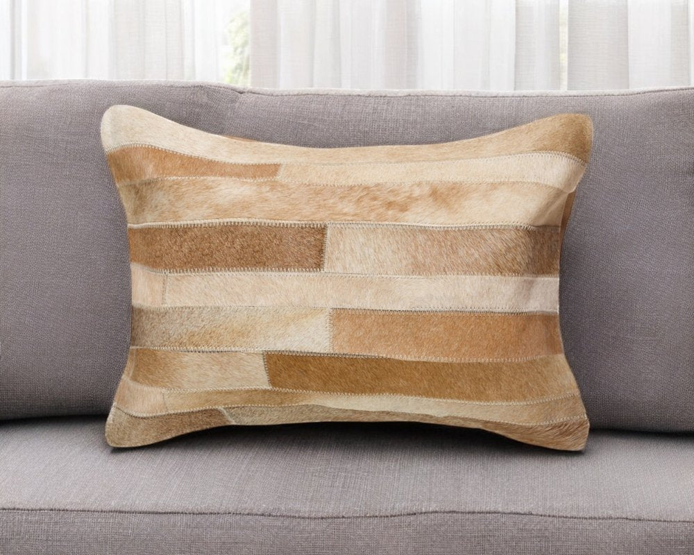 12" X 20" Tan Patchwork Cowhide Lumbar Throw Pillow