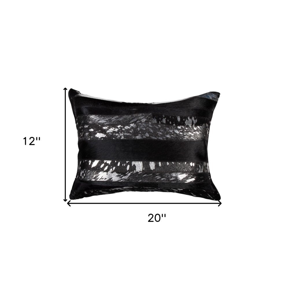 Set of Two 12" X 20" Black and Silver Striped Cowhide Lumbar Throw Pillows with Glitter