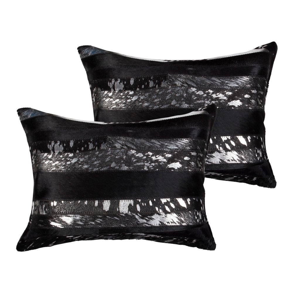 Set of Two 12" X 20" Black and Silver Striped Cowhide Lumbar Throw Pillows with Glitter