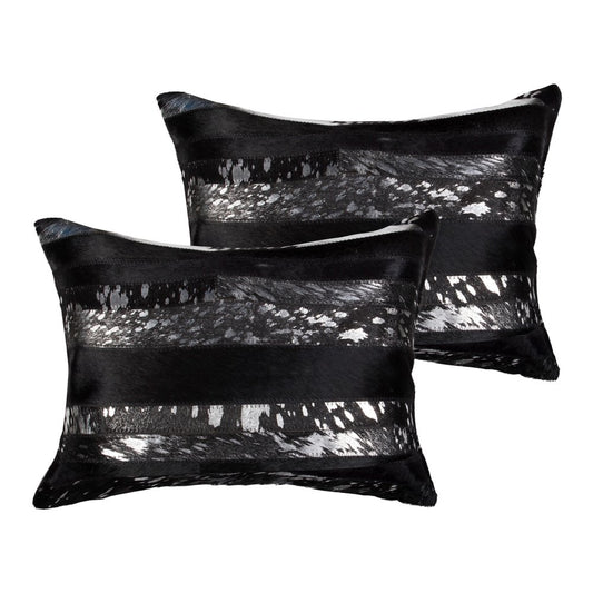 Set of Two 12" X 20" Black and Silver Striped Cowhide Lumbar Throw Pillows with Glitter