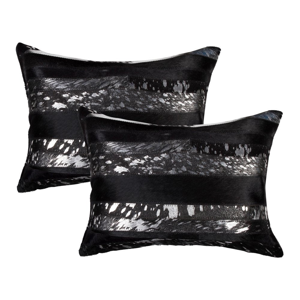 Set of Two 12" X 20" Black and Silver Striped Cowhide Lumbar Throw Pillows with Glitter